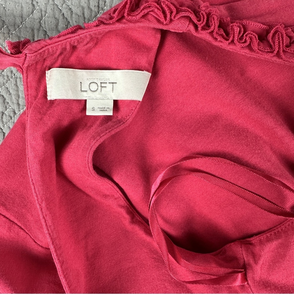 LOFT Pink Cotton Dress with Empire Waist and Scoop Floral Ruffle Neckline - Picture 9 of 10